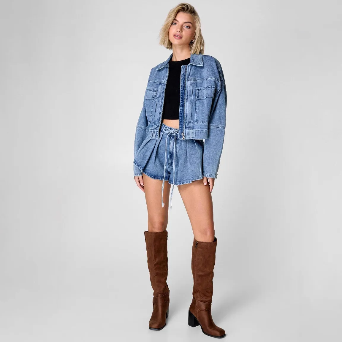 Women Casual Denim Lapel Long-Sleeve Zipper Coat High Waist Loose Short Two-Piece Set