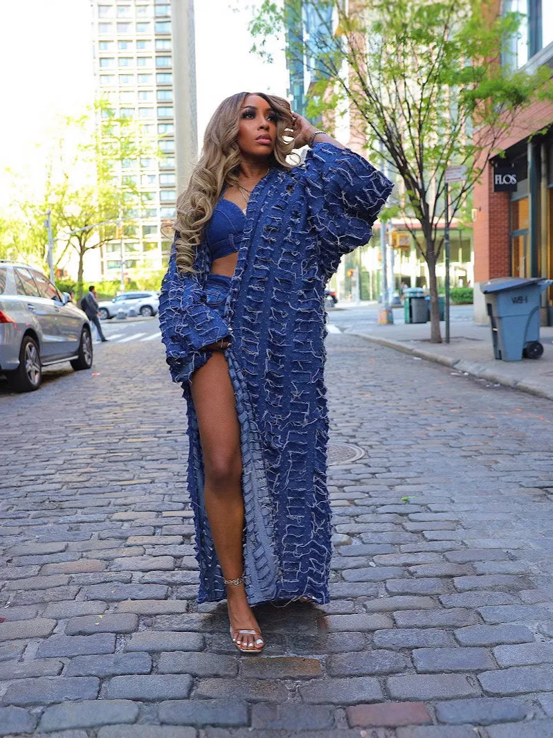 Women Casual Ripped Tassel Long-Sleeve Denim Jacket Rock Style