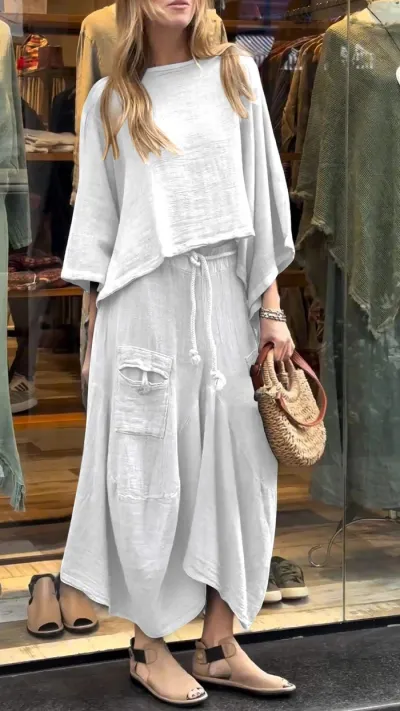 Women Casual Solid Color Loose Long-Sleeve Top Irregular Lace-Up Skirt Two-Piece Set