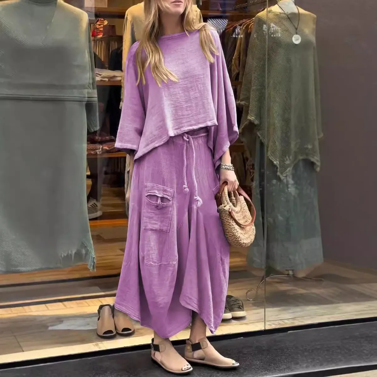 Women Casual Solid Color Loose Long-Sleeve Top Irregular Lace-Up Skirt Two-Piece Set