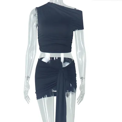 Women Fashion Sexy Solid Color Sleeveless Crop Top Tight Skirt Set
