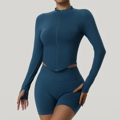 Women Casual Solid Color Vertical Collar Zipper Long Sleeve Tight Yoga Sports Top