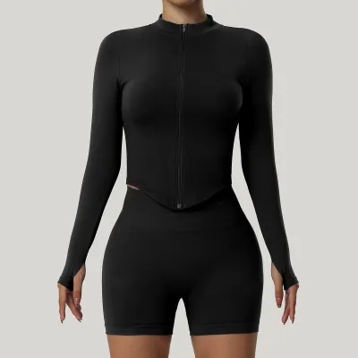 Women Casual Solid Color Vertical Collar Zipper Long Sleeve Tight Yoga Sports Top