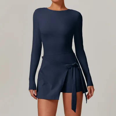 Women Casual Solid Color Long-Sleeve Backless Tight Sports Split Dress