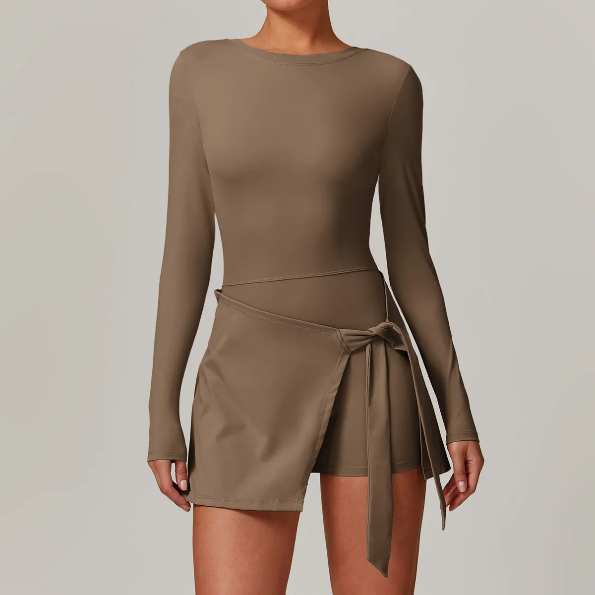 Women Casual Solid Color Long-Sleeve Backless Tight Sports Split Dress