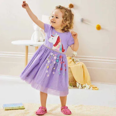 Kids Toddler Girls Casual Cute Flower Print Short Sleeve Princess Dress Cotton Knit