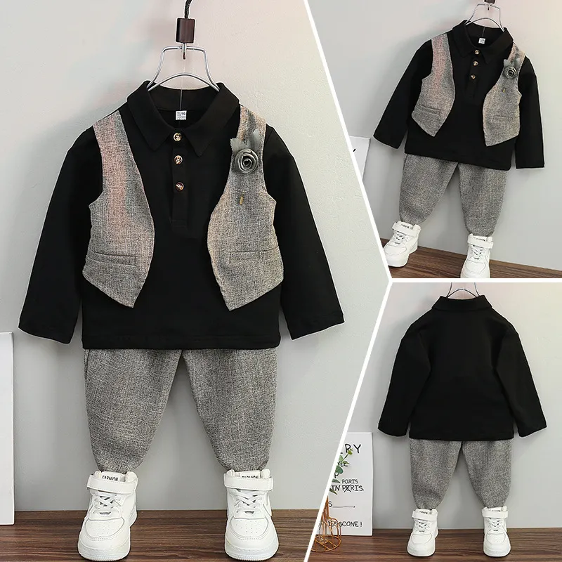 Boys Fashion Casual Splicing Lapel Long-Sleeve Top with Slim Fit Pants Two-Piece Set