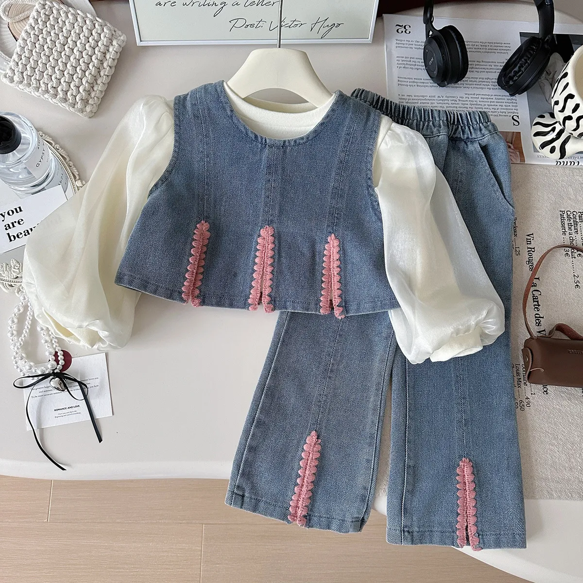Girl Fashion Casual Denim Vest Long-Sleeve Top Wide Leg Jeans Three-Piece Set