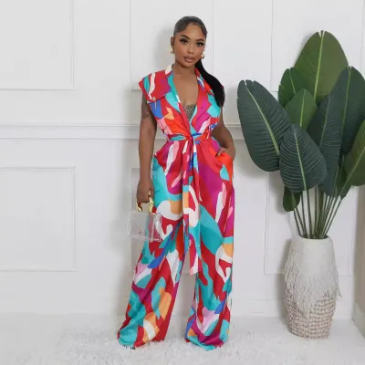 Women Fashion Sexy Printed V-Neck Sleeveless Lace-Up Loose Jumpsuits