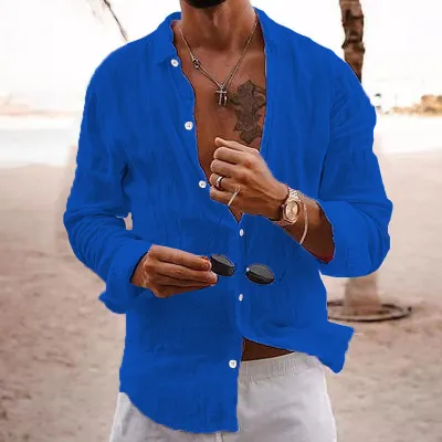 Men Fashion Casual Solid Color Linen Plus Size Long Sleeve Lapel Shirt