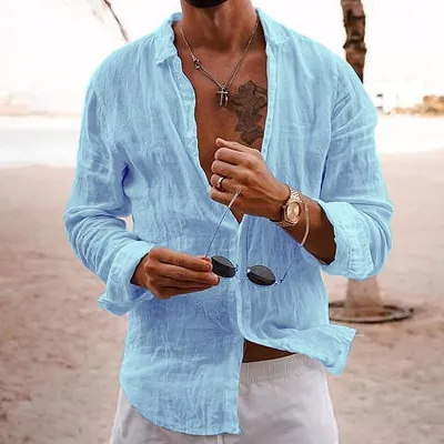 Men Fashion Casual Solid Color Linen Plus Size Long Sleeve Lapel Shirt