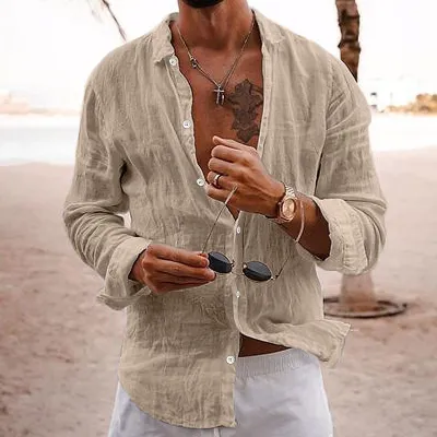 Men Fashion Casual Solid Color Linen Plus Size Long Sleeve Lapel Shirt