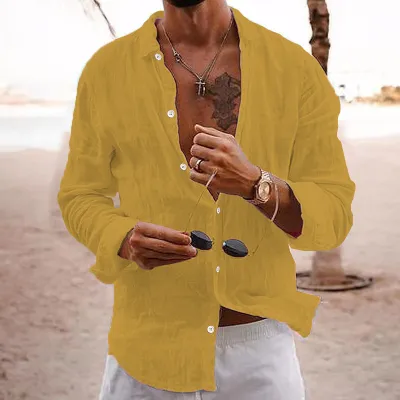 Men Fashion Casual Solid Color Linen Plus Size Long Sleeve Lapel Shirt