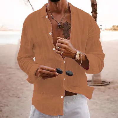 Men Fashion Casual Solid Color Linen Plus Size Long Sleeve Lapel Shirt