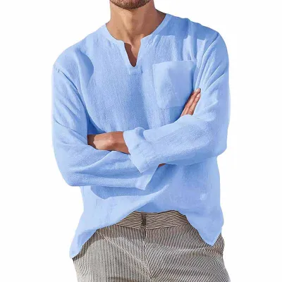Men Fashion Casual Solid Color Linen Plus Size Long Sleeve Stand Collar Shirt