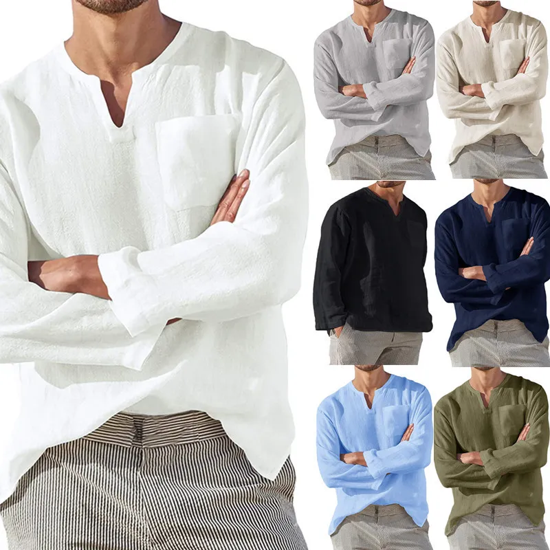 Men Fashion Casual Solid Color Linen Plus Size Long Sleeve Stand Collar Shirt