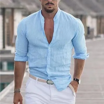 Men Fashion Casual Solid Color Linen Plus Size Long Sleeve Stand Collar Shirt