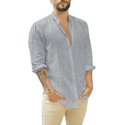 Men Fashion Casual Solid Color Linen Plus Size Long Sleeve Stand Collar Shirt
