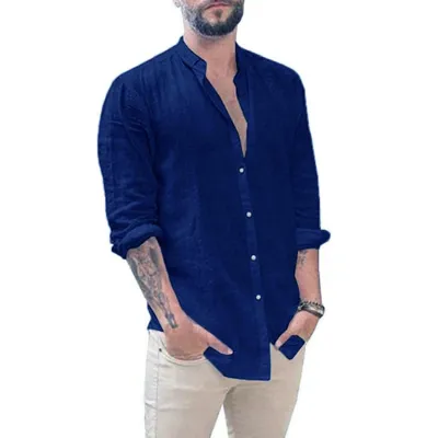 Men Fashion Casual Solid Color Linen Plus Size Long Sleeve Stand Collar Shirt