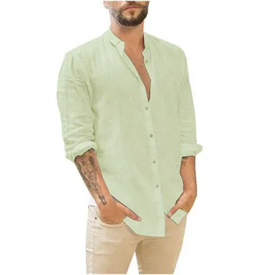 Men Fashion Casual Solid Color Linen Plus Size Long Sleeve Stand Collar Shirt
