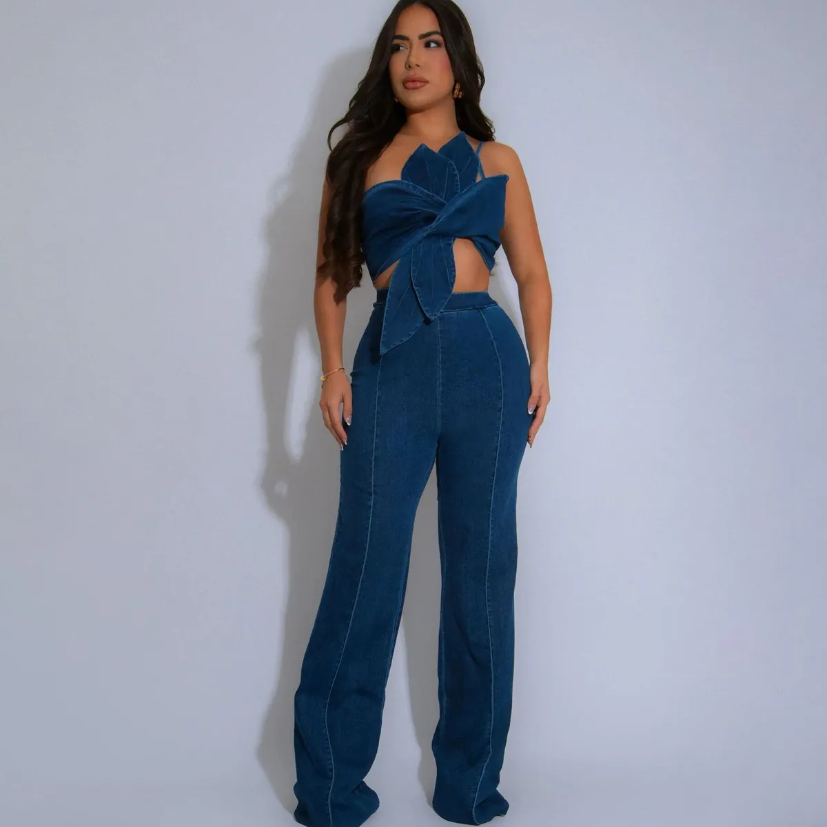 Women Fashion Sexy Irregular Denim Camisole Top High Waist Slim Fit Jeans Two-Piece Set