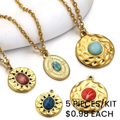 Vintage Women Natural Stone Turquoise Pendant Stainless Steel Necklace