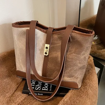 Women Fashion Contrast Color Large Capacity Tote Bag PU Zipper