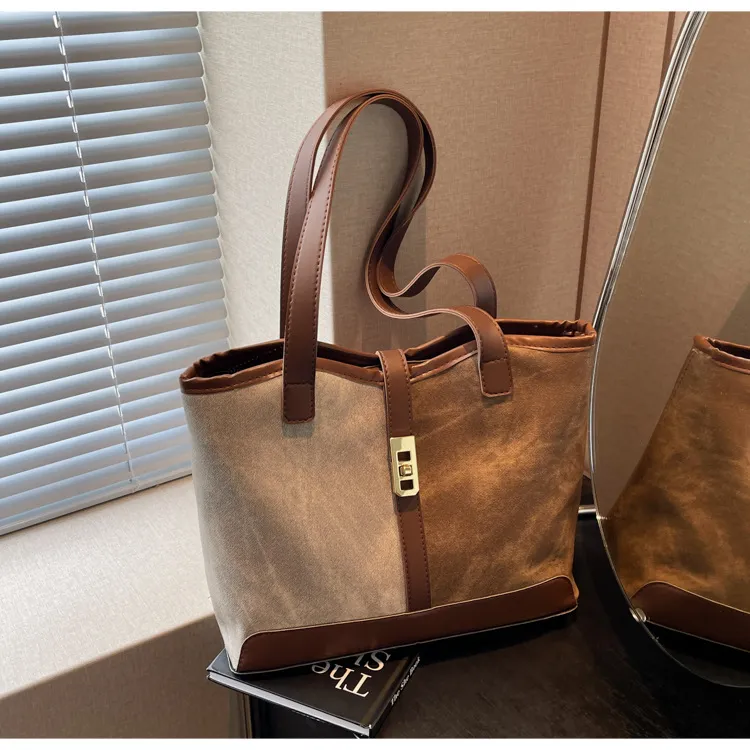 Women Fashion Contrast Color Large Capacity Tote Bag PU Zipper