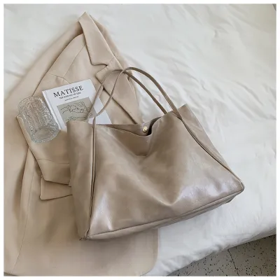 Women Casual Soft PU Leather Large Capacity Solid Color Tote Shoulder Bag