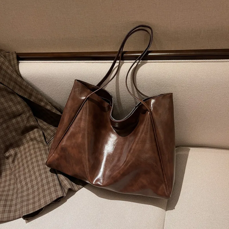 Women Casual Soft PU Leather Large Capacity Solid Color Tote Shoulder Bag