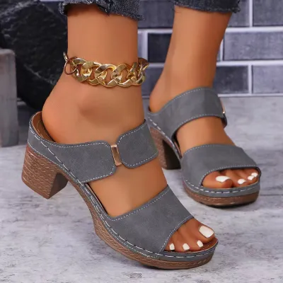 Women Casual Solid Color Checkered Pattern Thick High Heel Platform Slippers
