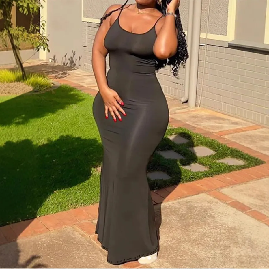 Women Plus Size Sexy Solid Color Sling Bodycon Maxi Dress