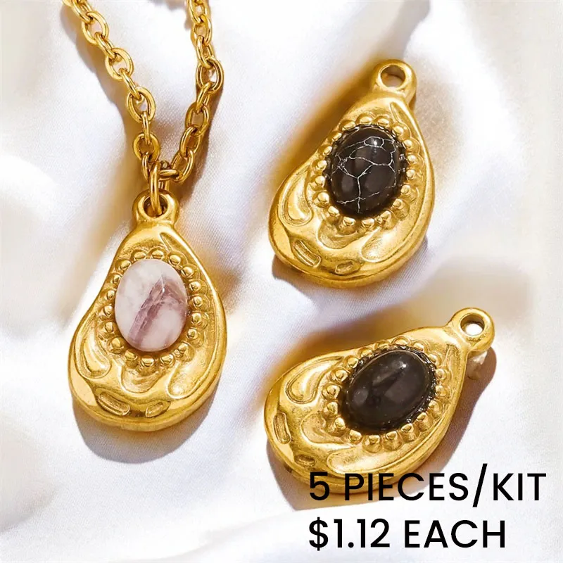 Fashion Vintage Water Drop Natural Stone Pendant Necklace Stainless Steel