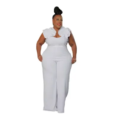 Women Plus Size Sleeveless Wide Leg Jumpsuit Solid Color Ruffled Commuter Wind