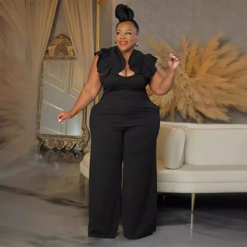 Women Plus Size Sleeveless Wide Leg Jumpsuit Solid Color Ruffled Commuter Wind