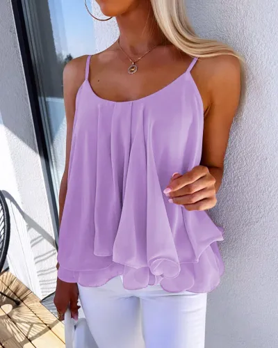 Women Casual Loose Chiffon Solid Color Spaghetti Strap Tank Top