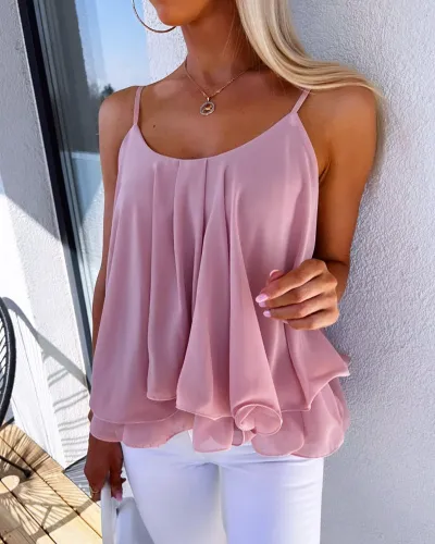 Women Casual Loose Chiffon Solid Color Spaghetti Strap Tank Top