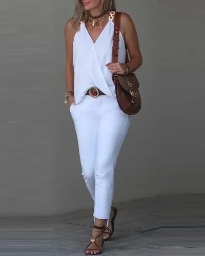 Women Casual Printed V-Neck Metallic Buckle Tank Top