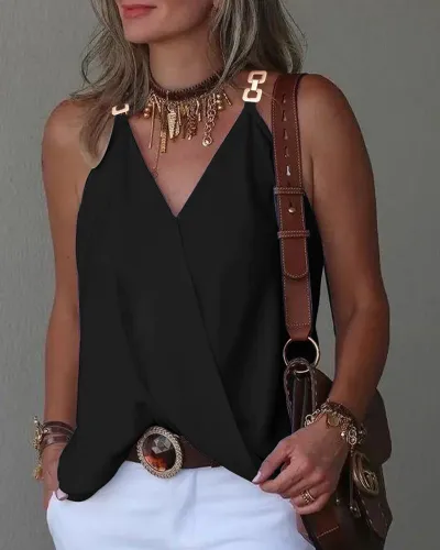 Women Casual Printed V-Neck Metallic Buckle Tank Top