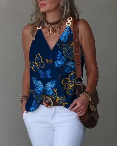 Women Casual Printed V-Neck Metallic Buckle Tank Top