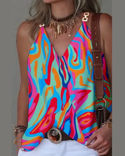 Women Casual Printed V-Neck Metallic Buckle Tank Top