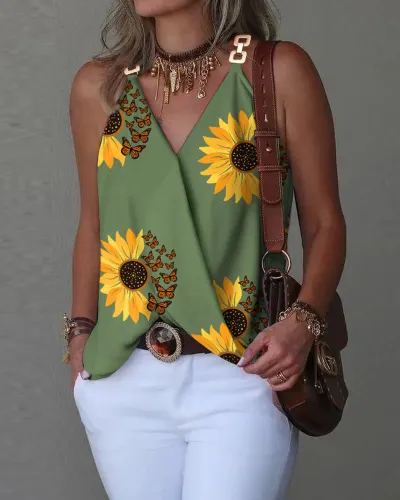 Women Casual Printed V-Neck Metallic Buckle Tank Top