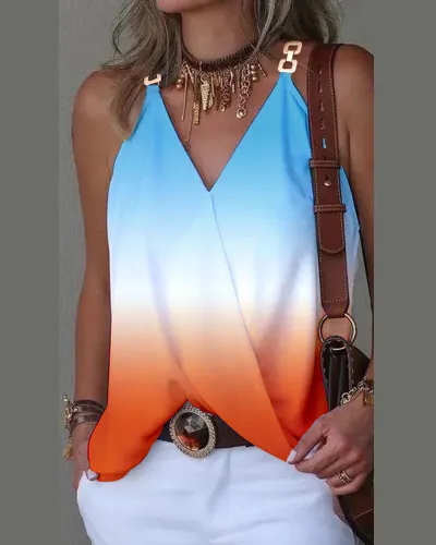 Women Casual Printed V-Neck Metallic Buckle Tank Top