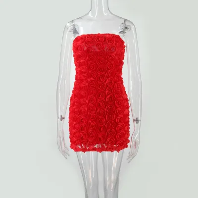 Women Sexy Solid Color Floral Tube Slim Fit Dress