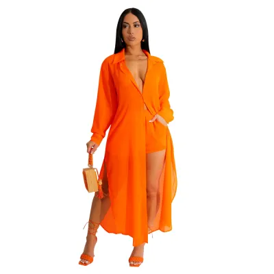 Women Sexy Perspective Solid Color Chiffon Long-Sleeve Blouse Shorts Two-Piece Set