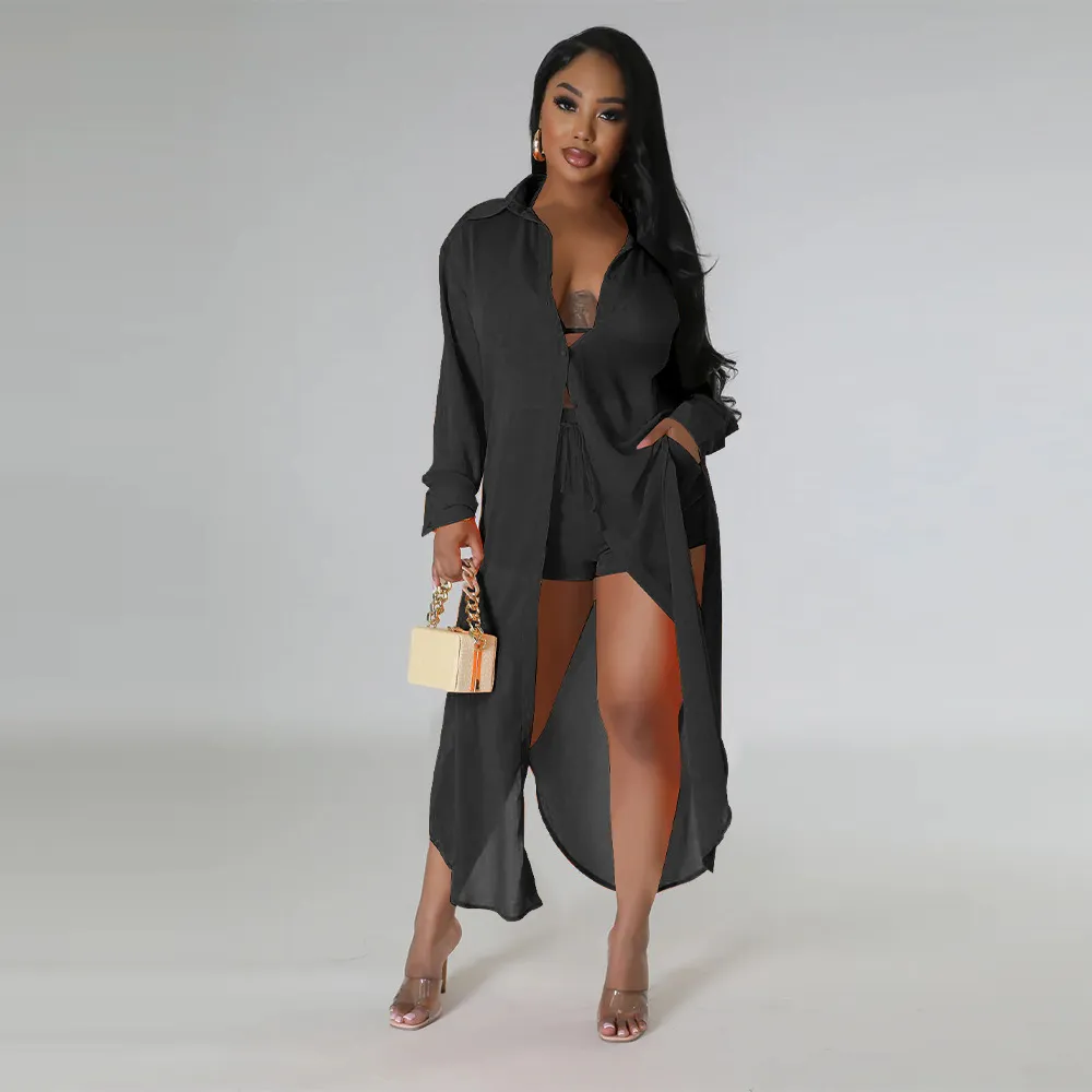 Women Sexy Perspective Solid Color Chiffon Long-Sleeve Blouse Shorts Two-Piece Set