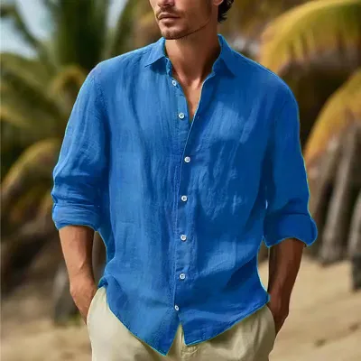Men Fashion Casual Solid Color Linen Long Sleeve Lapel Shirt