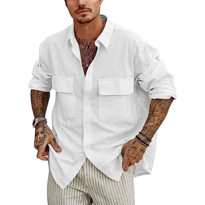 Men Fashion Casual Solid Color Double Pocket Linen Long Sleeve Lapel Shirt