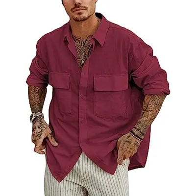 Men Fashion Casual Solid Color Double Pocket Linen Long Sleeve Lapel Shirt
