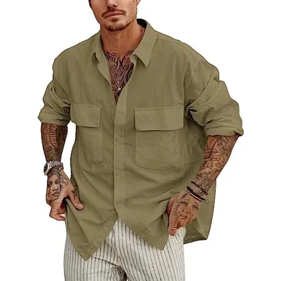 Men Fashion Casual Solid Color Double Pocket Linen Long Sleeve Lapel Shirt